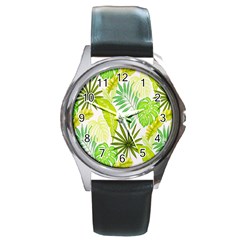 Amazon Forest Natural Green Yellow Leaf Round Metal Watch