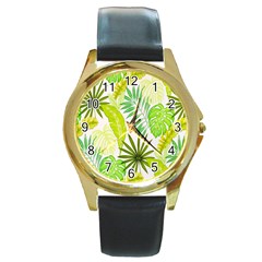 Amazon Forest Natural Green Yellow Leaf Round Gold Metal Watch