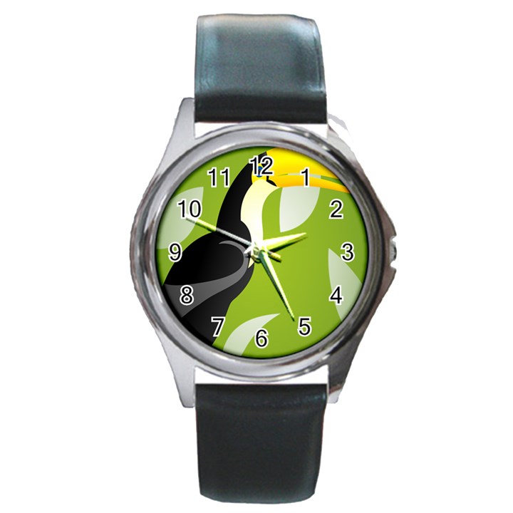 Cute Toucan Bird Cartoon Fly Yellow Green Black Animals Round Metal Watch