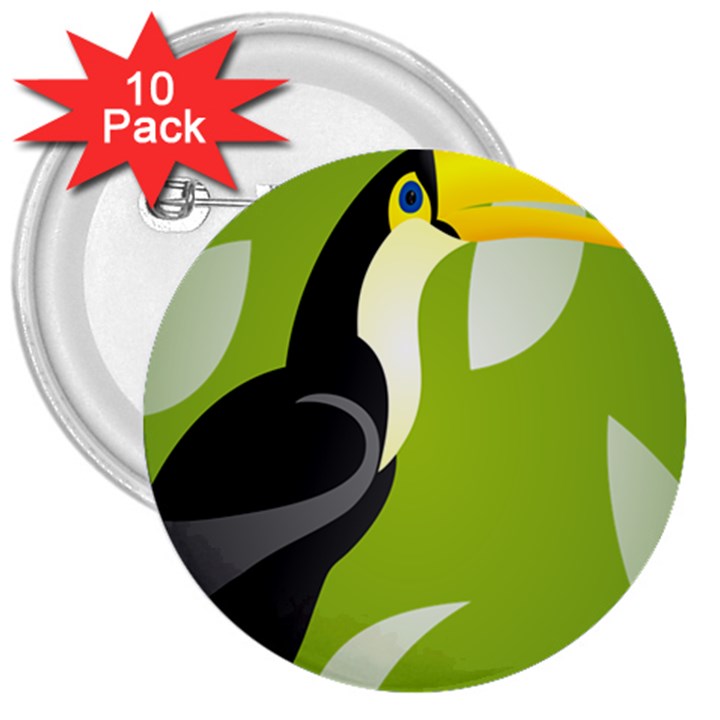 Cute Toucan Bird Cartoon Fly Yellow Green Black Animals 3  Buttons (10 pack) 