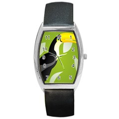 Cute Toucan Bird Cartoon Fly Yellow Green Black Animals Barrel Style Metal Watch