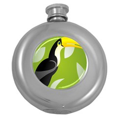 Cute Toucan Bird Cartoon Fly Yellow Green Black Animals Round Hip Flask (5 Oz) by Mariart