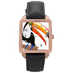 Cute Toucan Bird Cartoon Fly Rose Gold Leather Watch 