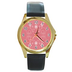 Flower Floral Leaf Pink Star Sunflower Round Gold Metal Watch by Mariart