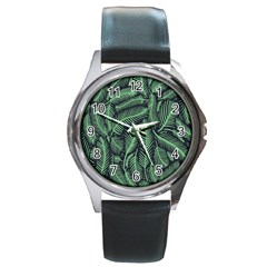 Coconut Leaves Summer Green Round Metal Watch