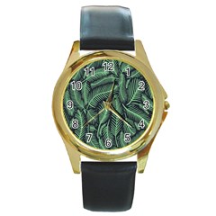 Coconut Leaves Summer Green Round Gold Metal Watch by Mariart