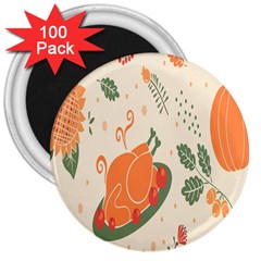 Happy Thanksgiving Chicken Bird Flower Floral Pumpkin Sunflower 3  Magnets (100 Pack) by Mariart