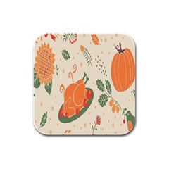 Happy Thanksgiving Chicken Bird Flower Floral Pumpkin Sunflower Rubber Square Coaster (4 Pack)  by Mariart