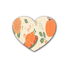 Happy Thanksgiving Chicken Bird Flower Floral Pumpkin Sunflower Rubber Coaster (heart)  by Mariart