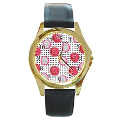 Fruit Patterns Bouffants Broken Hearts Dragon Polka Dots Red Black Round Gold Metal Watch by Mariart