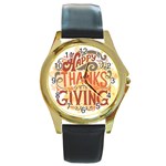 Happy Thanksgiving Sign Round Gold Metal Watch Front