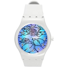 Lotus Flower Wall Purple Blue Round Plastic Sport Watch (m)