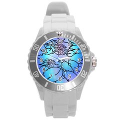 Lotus Flower Wall Purple Blue Round Plastic Sport Watch (l)