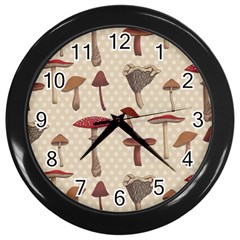 Mushroom Madness Red Grey Brown Polka Dots Wall Clocks (black)