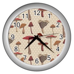 Mushroom Madness Red Grey Brown Polka Dots Wall Clocks (silver) 