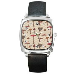 Mushroom Madness Red Grey Brown Polka Dots Square Metal Watch by Mariart