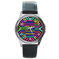 Optical Illusion Line Wave Chevron Rainbow Colorfull Round Metal Watch