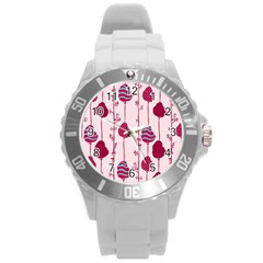 Original Tree Bird Leaf Flower Floral Pink Wave Chevron Blue Polka Dots Round Plastic Sport Watch (l)