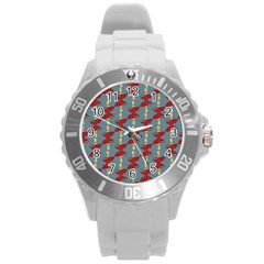 Mushroom Madness Red Grey Polka Dots Round Plastic Sport Watch (l) by Mariart