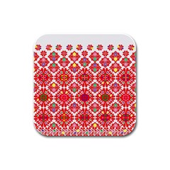 Plaid Red Star Flower Floral Fabric Rubber Square Coaster (4 Pack) 