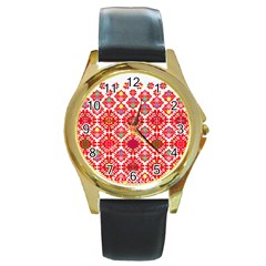 Plaid Red Star Flower Floral Fabric Round Gold Metal Watch