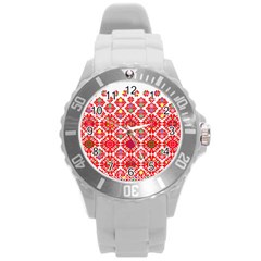 Plaid Red Star Flower Floral Fabric Round Plastic Sport Watch (l) by Mariart