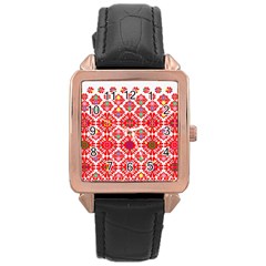 Plaid Red Star Flower Floral Fabric Rose Gold Leather Watch  by Mariart