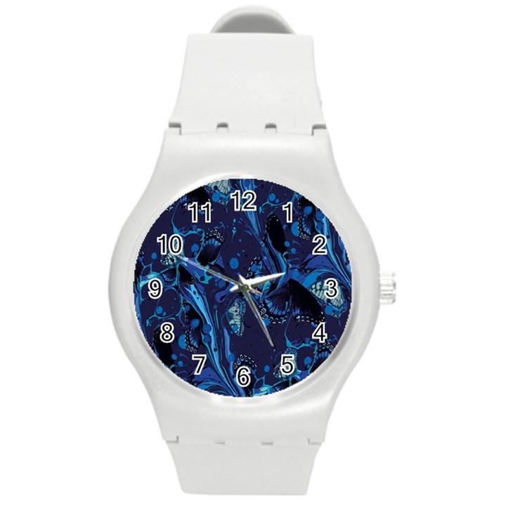 Pattern Butterfly Blue Stone Round Plastic Sport Watch (M)