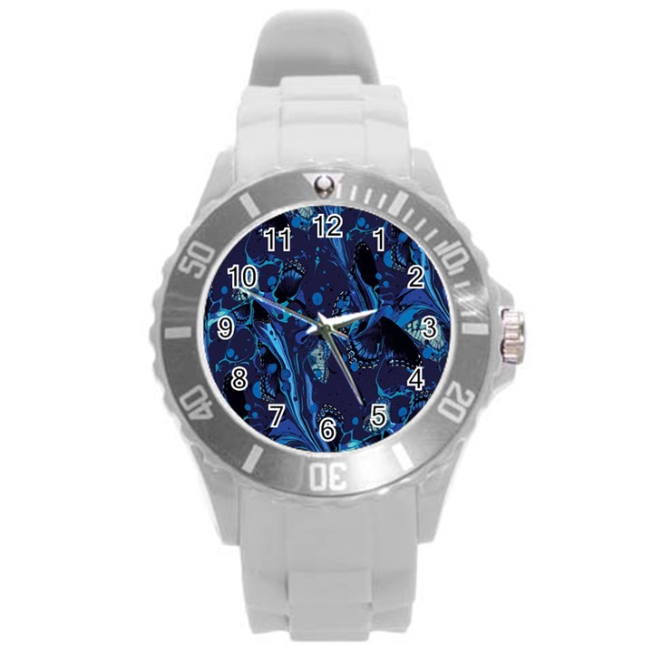 Pattern Butterfly Blue Stone Round Plastic Sport Watch (L)