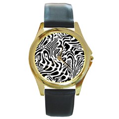 Psychedelic Zebra Black White Line Round Gold Metal Watch by Mariart