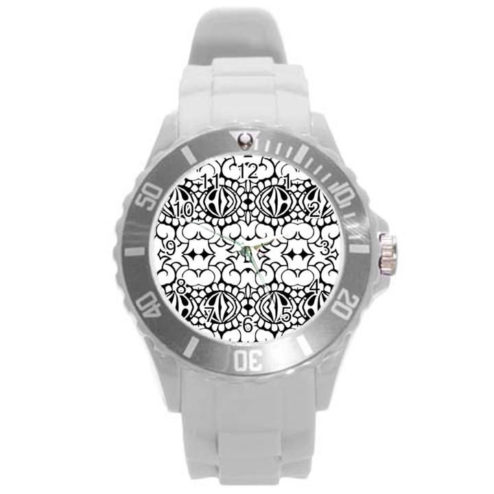 Psychedelic Pattern Flower Crown Black Flower Round Plastic Sport Watch (L)