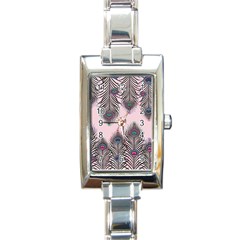 Peacock Feather Pattern Pink Love Heart Rectangle Italian Charm Watch