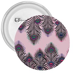 Peacock Feather Pattern Pink Love Heart 3  Buttons