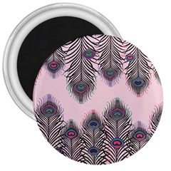 Peacock Feather Pattern Pink Love Heart 3  Magnets