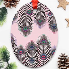 Peacock Feather Pattern Pink Love Heart Ornament (oval)