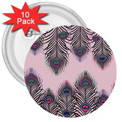 Peacock Feather Pattern Pink Love Heart 3  Buttons (10 Pack)  by Mariart