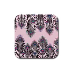 Peacock Feather Pattern Pink Love Heart Rubber Square Coaster (4 Pack) 