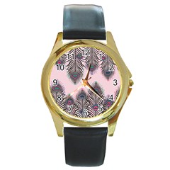 Peacock Feather Pattern Pink Love Heart Round Gold Metal Watch by Mariart