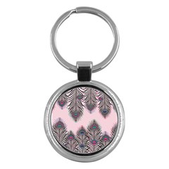 Peacock Feather Pattern Pink Love Heart Key Chains (round) 