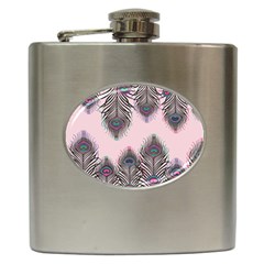 Peacock Feather Pattern Pink Love Heart Hip Flask (6 Oz) by Mariart