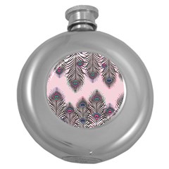 Peacock Feather Pattern Pink Love Heart Round Hip Flask (5 Oz)