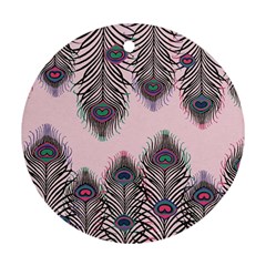 Peacock Feather Pattern Pink Love Heart Round Ornament (two Sides)