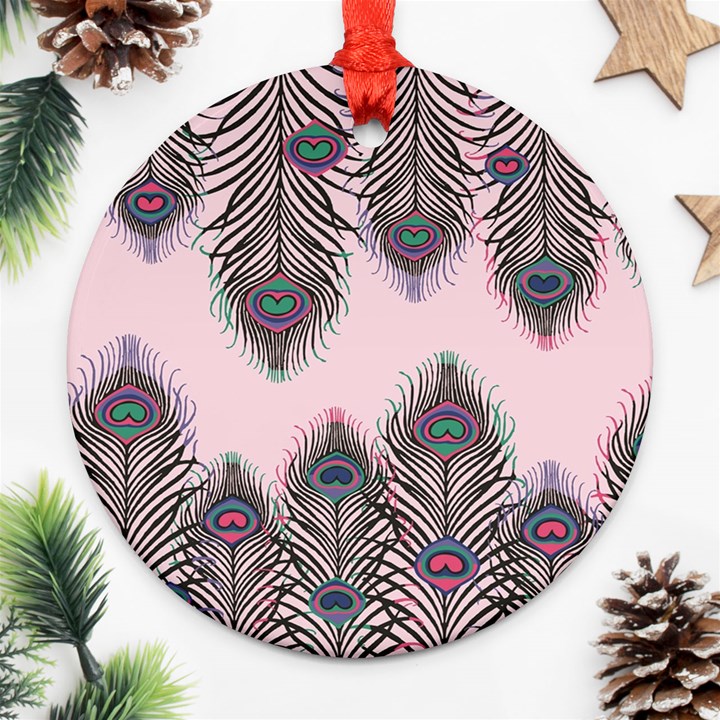 Peacock Feather Pattern Pink Love Heart Round Ornament (Two Sides)