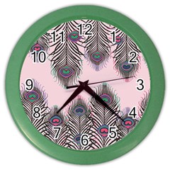 Peacock Feather Pattern Pink Love Heart Color Wall Clocks by Mariart