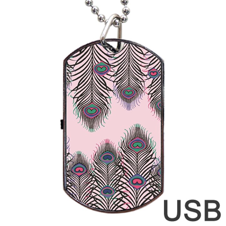 Peacock Feather Pattern Pink Love Heart Dog Tag USB Flash (One Side)