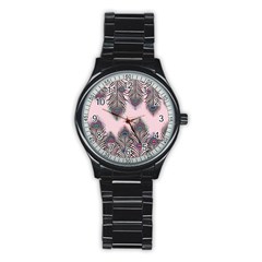 Peacock Feather Pattern Pink Love Heart Stainless Steel Round Watch