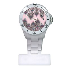 Peacock Feather Pattern Pink Love Heart Plastic Nurses Watch