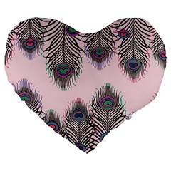 Peacock Feather Pattern Pink Love Heart Large 19  Premium Flano Heart Shape Cushions by Mariart