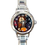 Funny Mummy With Skulls, Crow And Pumpkin Round Italian Charm Watch Front