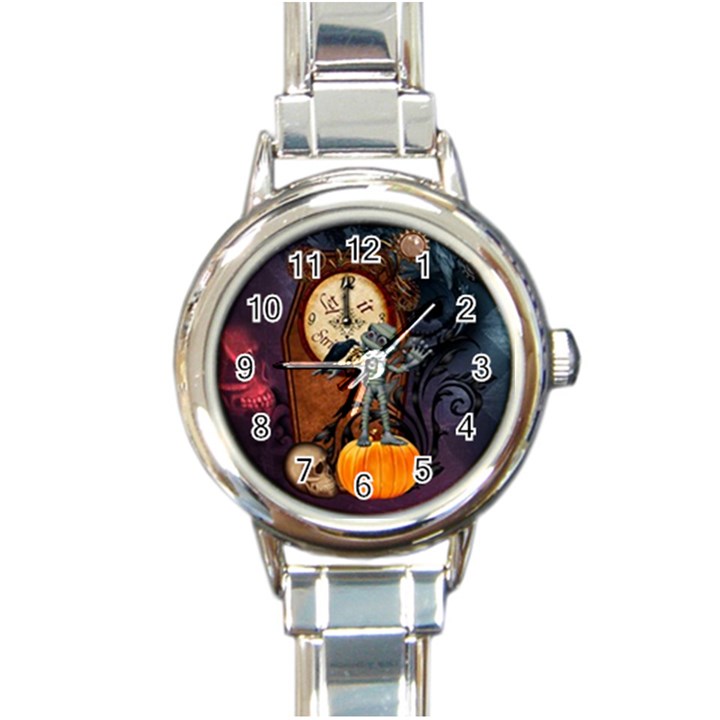 Funny Mummy With Skulls, Crow And Pumpkin Round Italian Charm Watch